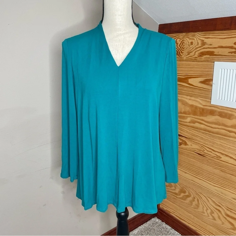 Eileen Fisher Fine Jersey V-Neck Top Blue Petite Medium Shirt Blouse Long Sleeve